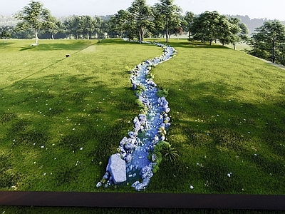 现代中式微地形 溪流 鹅卵石 小溪 草地小溪 水流造景
