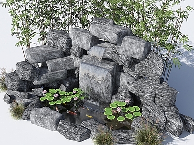 现代其他景观小品 水池 荷花池 观赏锦鲤池 假山叠水 跌水水景