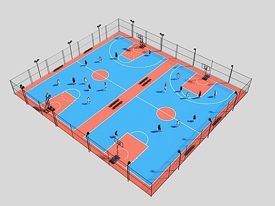 现代篮球场 现代户外球场 篮球场 运动场地 球场灯 铁丝网围栏