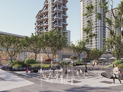 现代商业综合体景观 喷泉 商业建筑 外摆