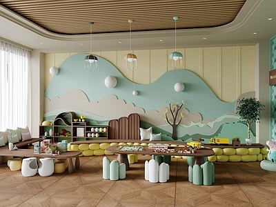 现代中古幼儿园 幼儿园教室 幼儿园桌椅 幼儿园背景墙