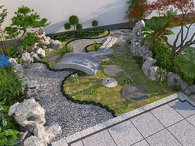 新中式现代庭院 现代庭院景观 别墅民宿庭院旱溪 石磨汀步 庭院花园