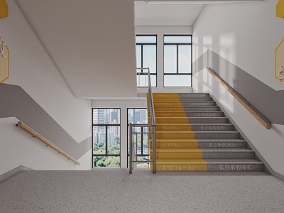 现代简约楼梯间 学校楼梯间 培训学校楼梯间 蜂巢展示板 不锈钢楼梯 爬墙扶手