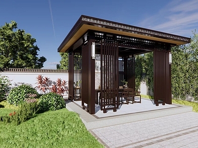 新中式轻奢风格建筑 庭院 新中式凉亭