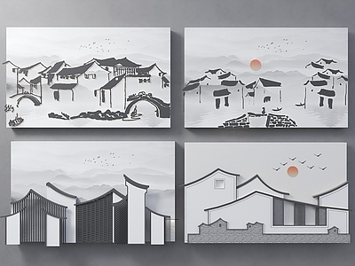 中式背景墙 瓦片背景墙 马头墙背景墙 徽派建筑背景墙 建筑轮廓背景墙 水乡建筑瓦片背景