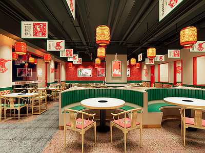 新中式简约火锅店 新中式猪肚鸡火锅 街边店门头 就餐区 包厢