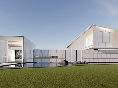 现代售楼处建筑 半边框 斜切 折线 院落 社区大门
