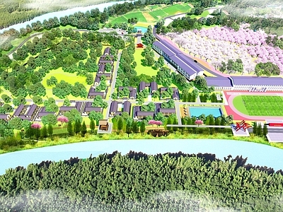 中式现代鸟瞰规划 度假村 军事训练基地