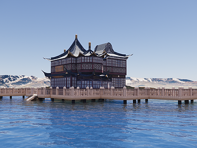 新中式中式古建筑 湖心亭