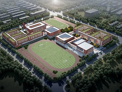 新中式学校外观 学校鸟瞰