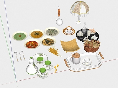 现代其他摆件 餐桌摆件 茶壶 刀叉 盘子 台灯