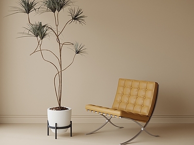 现代休闲椅 巴塞罗那椅 单椅 绿植 盆栽