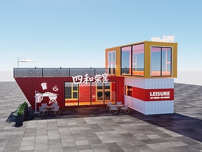 现代简约风格建筑 集装箱 烧烤 柴窖面包 特色店铺 工业风