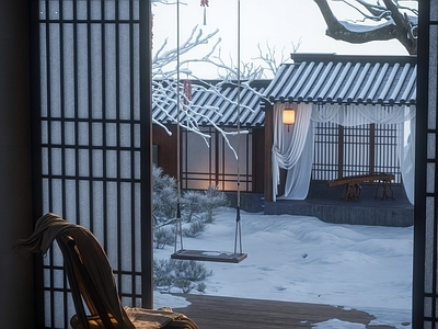 中式新中式石头 雪景 中式 园林 躺椅 雪