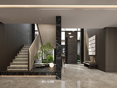 现代楼梯间 现代别墅楼梯间 转角楼梯 扶手楼梯 室内造景