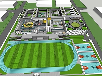 现代学校建筑 学校湖景 教学楼学校 学校操场