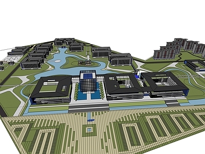 现代新中式学校建筑 大学投标建筑 教学楼学校 学校操场 学校湖景