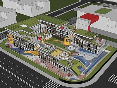 现代学校建筑 学校操场 教学楼学校 退台学校建筑