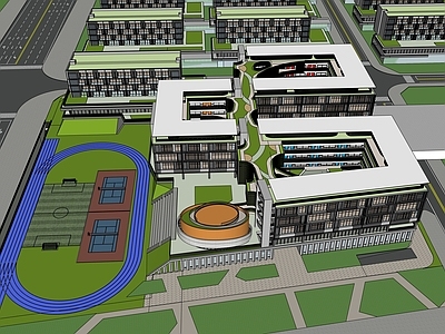 现代学校建筑 教学楼学校 学校操场 中小学校