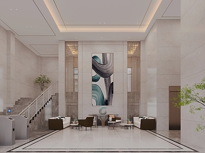 现代新中式大厅 小区大门休息区 沙发组合 盆栽植物 挂画 休息区