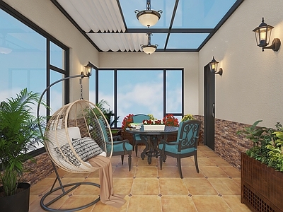 美式复古阳台 法式休闲阳光房 阳台电动遮阳帘 阳台休闲摇摇椅 阳光房花箱花盆 法式中古阳台壁灯