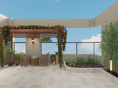 现代侘寂阳台 阳台藤编休闲椅 阳台花基菜园 竹子花基落地灯 阳台花盆花架 现代爬藤植物架