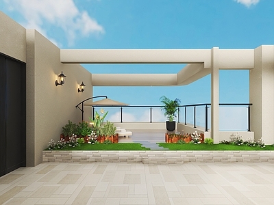 现代法式阳台 现代阳台花园花箱 花园遮阳伞躺椅 花园阳台人造草坪 阳台玻璃护栏扶手 阳台防盗门