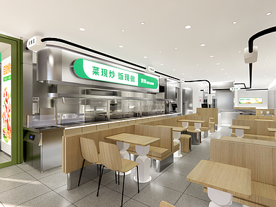 现代简约快餐店 小吃快餐店明档 时尚街边快餐店 门头 明档 就餐区