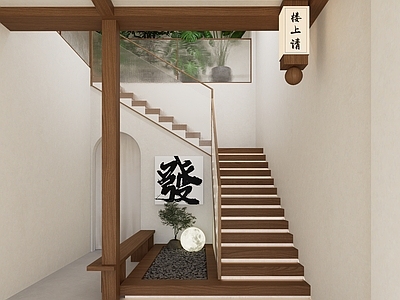 中式原木楼梯间 景观楼梯间 原木胡桃木楼梯间 棋牌茶楼楼梯 木构楼梯