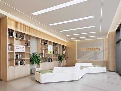 现代新中式办公大堂 社区大厅 休闲区 书架 吧台