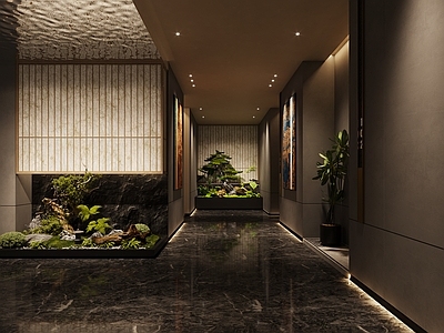 现代新中式走廊 会所走廊 过道