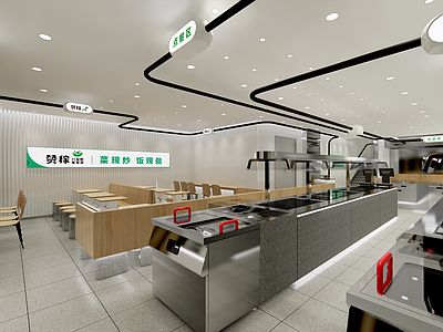 现代简约快餐店 小吃快餐店明档 快餐店一楼 明档 就餐区