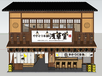 日式原木日料店 日式街边烧鸟店 板前明档 收银区 二楼就餐区