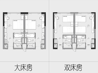 酒店客房 酒店客房平面设计 大床房客房 双层房客房 酒店民宿设计 连锁酒店设计 施工图