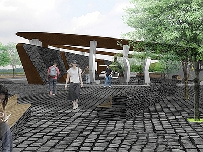 现代工业廊架 现代异形锈钢廊架 异形片岩景墙 施工图