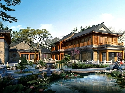 新中式中式别墅庭院 园林 合院 王府合院 中式千平豪宅别墅