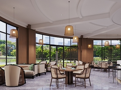 新中式中古茶餐厅 竹编吊灯 休闲沙发组合 休闲桌椅 餐厅 新中式