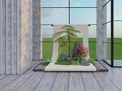 植物组合 中式 卷轴景观 大堂 绿化 绿植