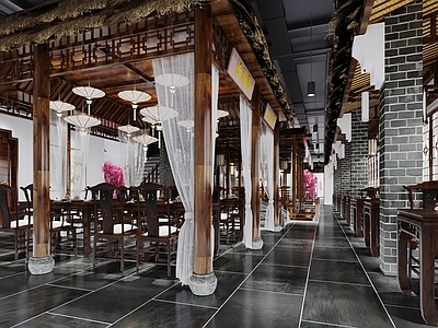 新中式中式中餐厅 中式餐厅 中式餐桌椅 中式大门 吊灯 壁灯