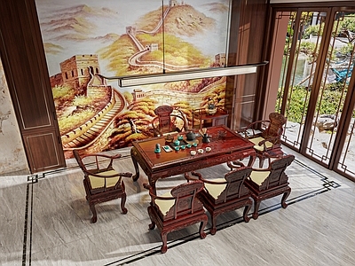 中式新中式茶室 红木茶台椅组合 中式茶室 茶台茶椅茶具 麒麟献瑞茶台椅 402霸王枨玄关