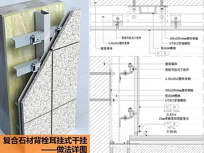 墙面节点 复合石材背栓耳挂 干挂 石材节点 施工图