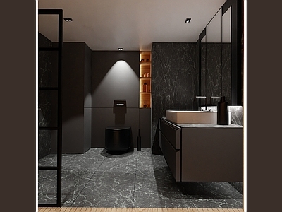 现代极简酒店卫生间 黑白灰酒店卫生间 极简风 深色系卫生间