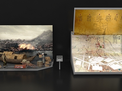 中式复古党建展厅 码头场景 沙盘 展台 船
