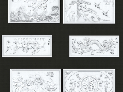 中式雕花 罗汉松 龙 八骏图