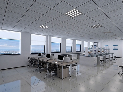 现代实验室 实验室办公桌 中央台 边台 矿棉板 格栅灯