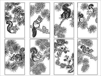 现代挂画 松树与松鼠挂画 施工图