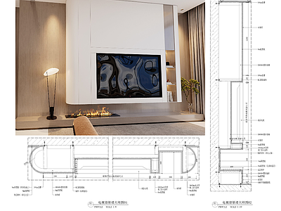 背景墙节点 现代悬浮电视背景 简约别墅电视背景 施工图