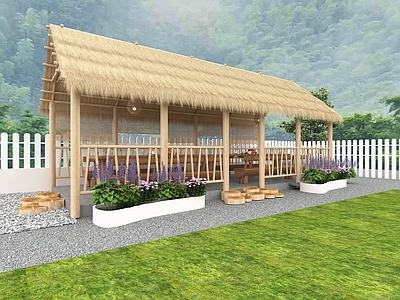 现代原木艺术风格建筑 乡村凉亭 稻草屋顶 原木桌椅 花坛围栏