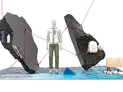 现代极简其他商业美陈单体 橱窗 山石造型 水面波纹 户外登山 登山包登山绳