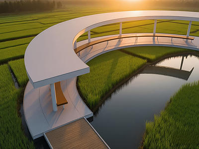 现代其他景观小建筑 稻田景观构筑物 稻田景观休憩建筑 乡村景观廊架 曲线景观廊架 网红乡村景观构筑